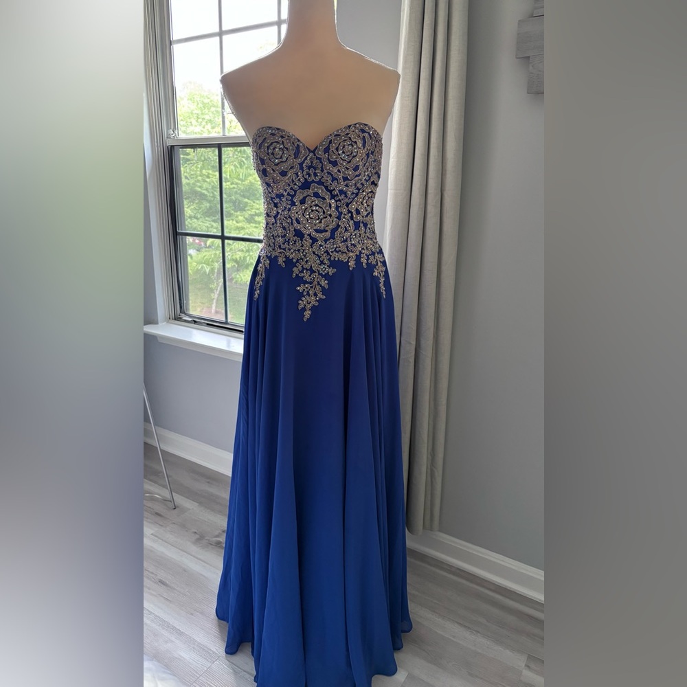 COYA prom dress Blue and Gold Evening Gown
